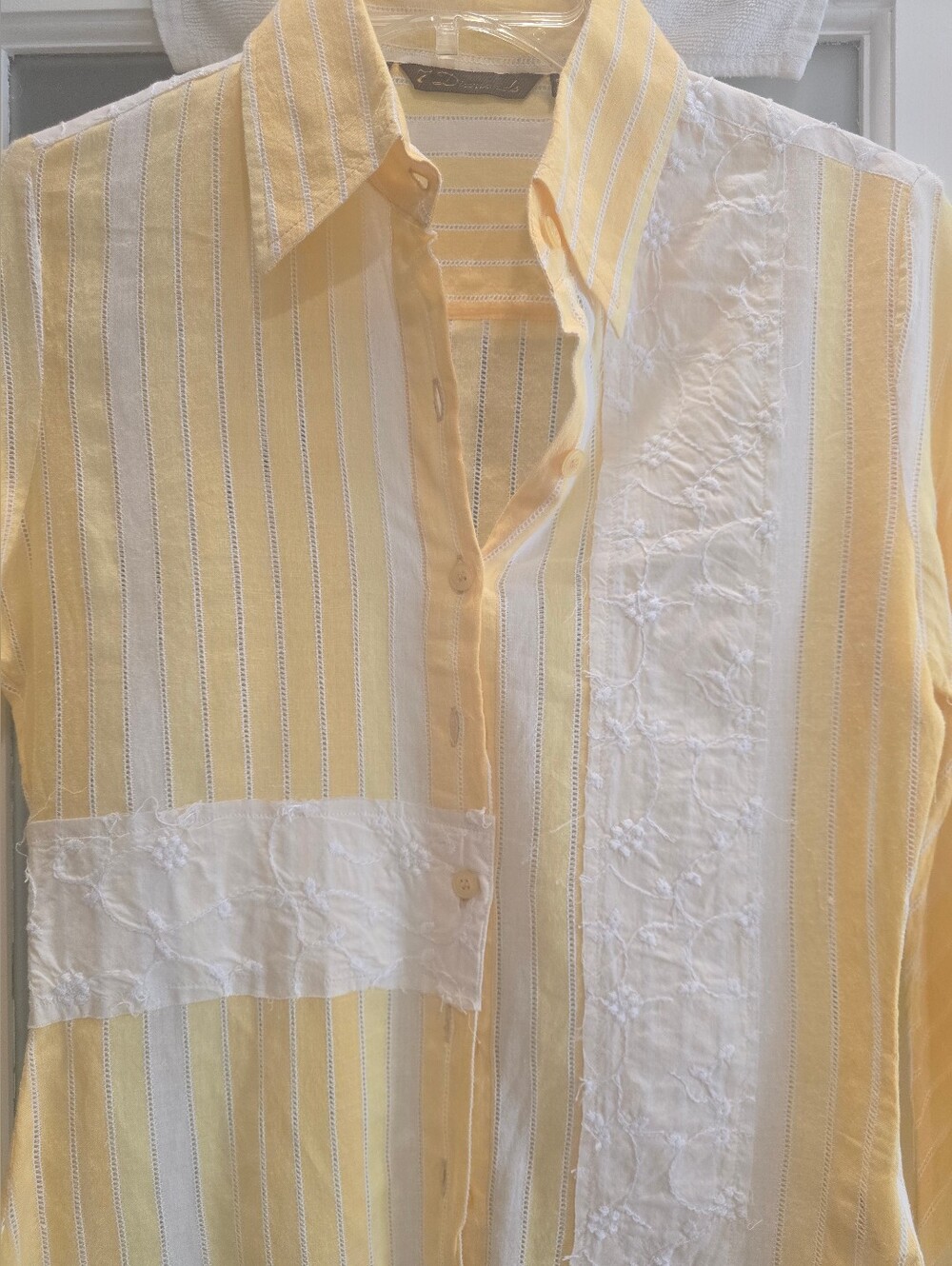 7 Diamonds Yellow & White Stripe & Embroidered Panel Women Button-Down Shirt, XS